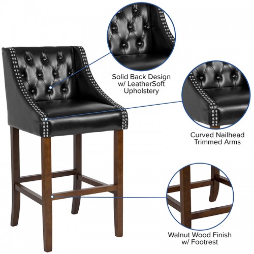 Italica 2020 30" High Transitional Tufted Walnut Make Up stool with Accent Nail Trim in Black LeatherSoft FREE SHIPPING