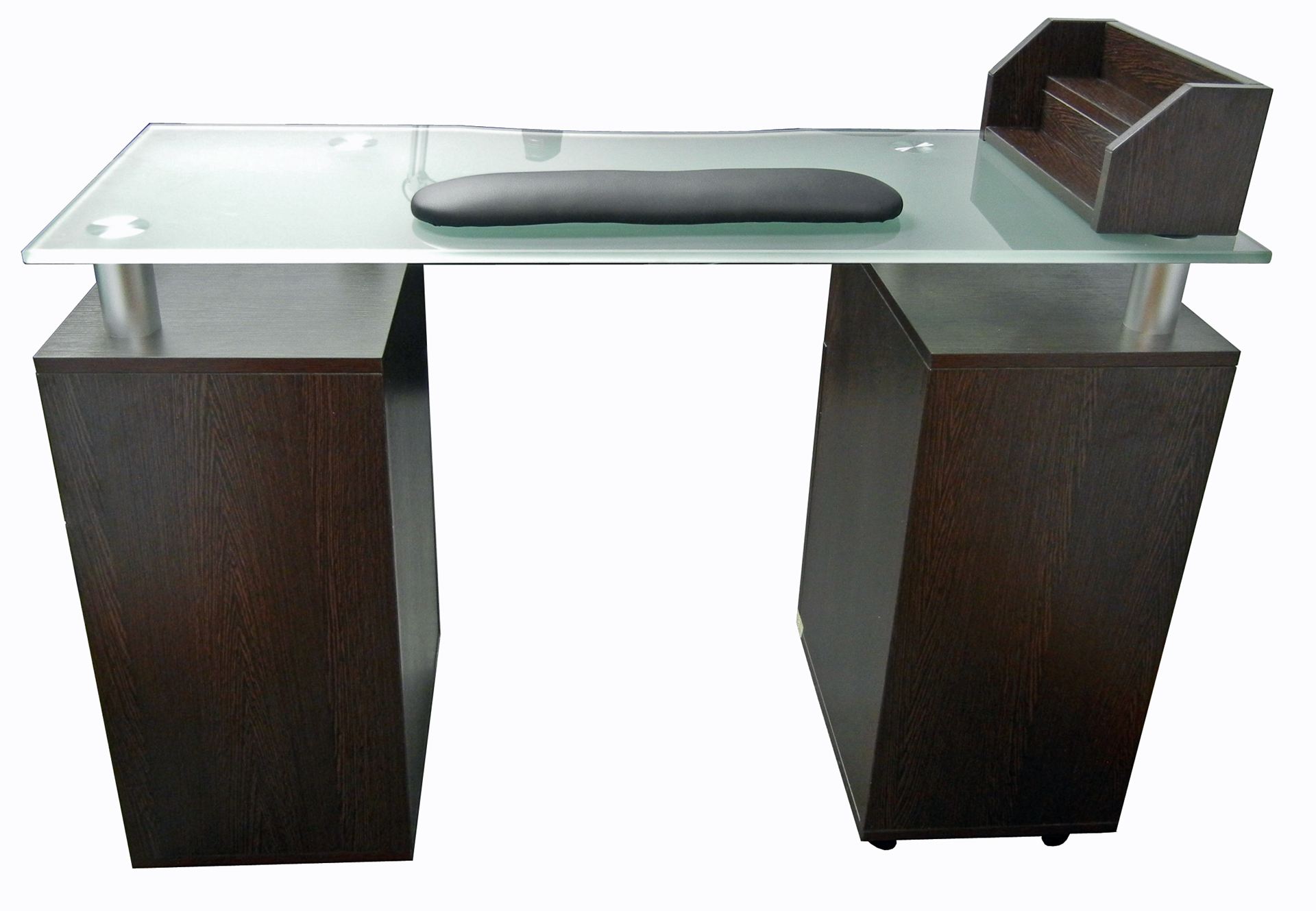 NT053 Glass Top Dark Nail Table, Rack Plus Arm Pad - Image 3
