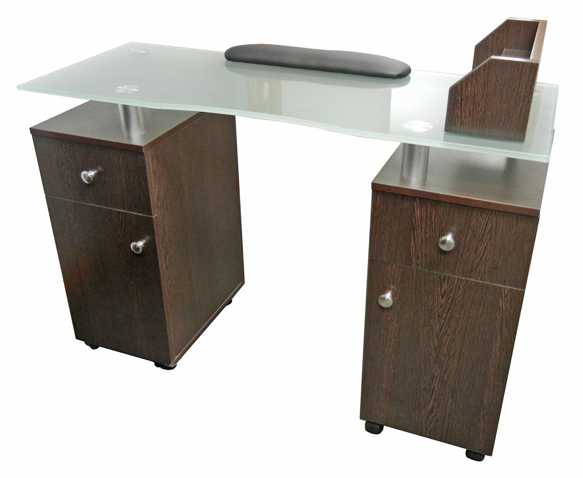 NT053 Glass Top Dark Nail Table, Rack Plus Arm Pad