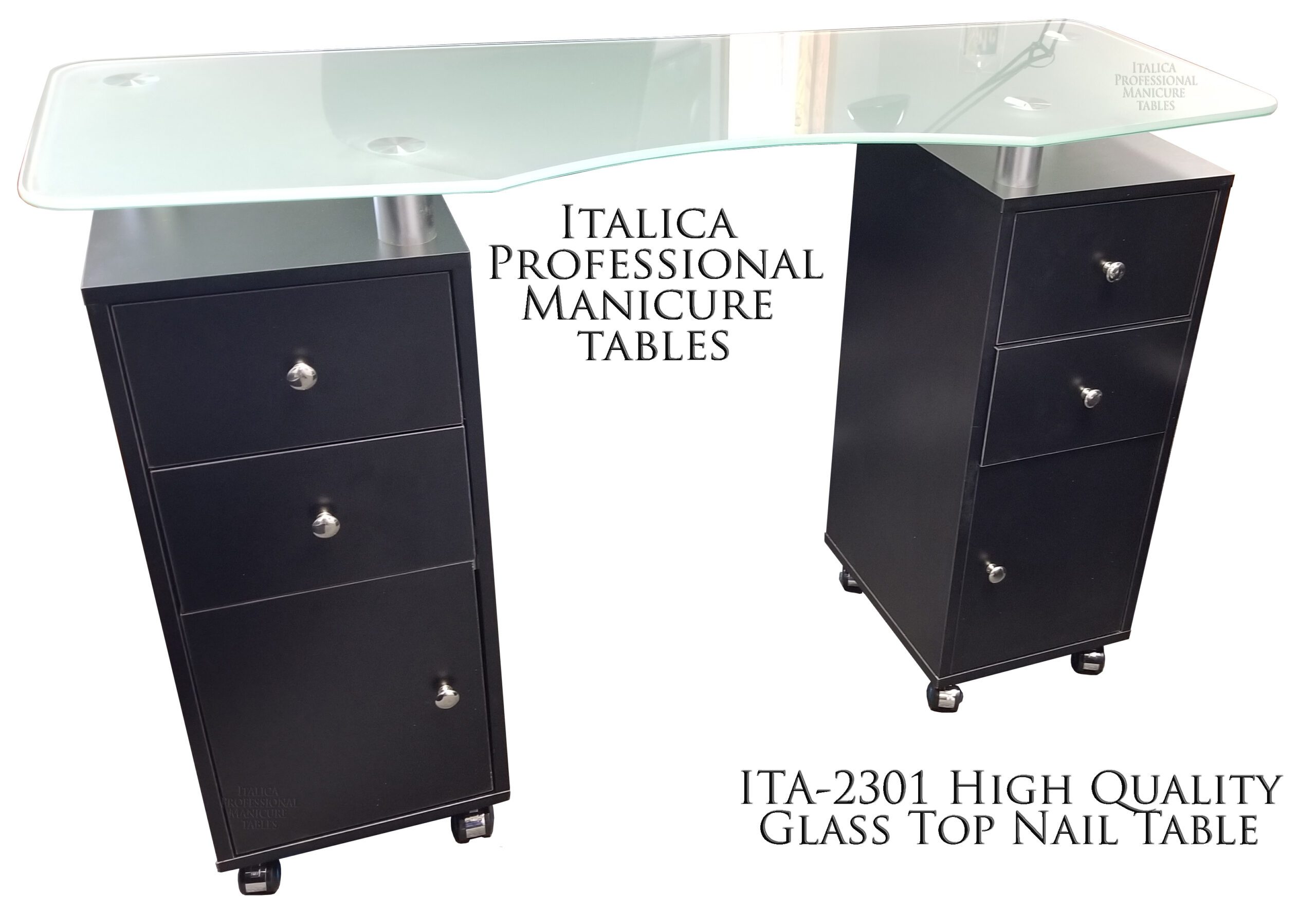 H2031 Glass Top Manicure Table Black Cabinets - Image 3
